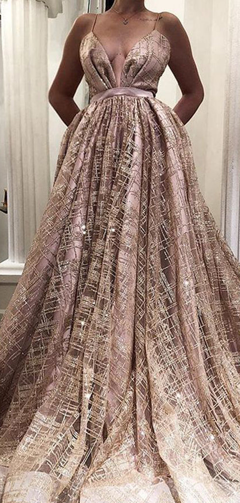 Rose Gold Sequined Tulle Spaghetti Stap Ball Gown Fashion Prom Dresses,PD00345