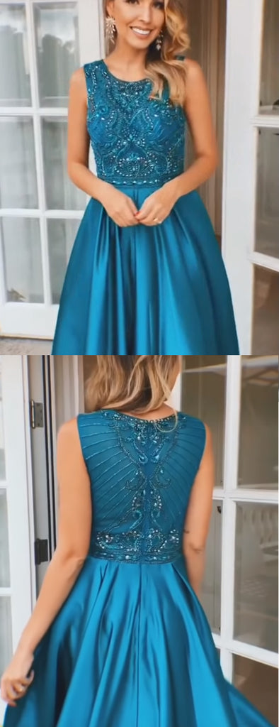 Royal Blue Satin Beading Sleeveless Charming Prom Dresses, PD00279