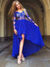 Royal Blue See Through Lace Long Sleeve V-neck High Low Prom Dresses ,PD00060