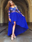 Royal Blue See Through Lace Long Sleeve V-neck High Low Prom Dresses ,PD00060