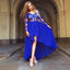 Royal Blue See Through Lace Long Sleeve V-neck High Low Prom Dresses ,PD00060