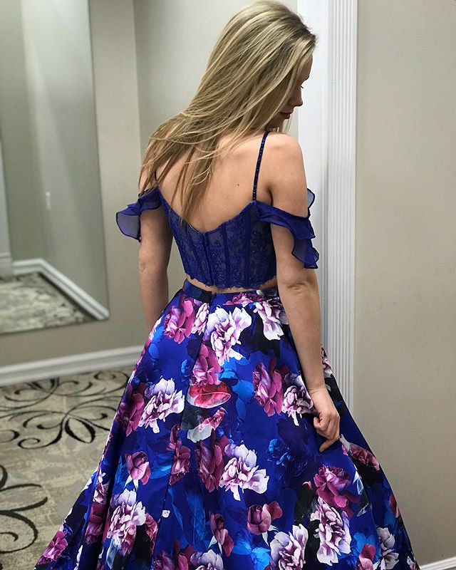 Royal Blue Two Piece Floral Prints Prom Dresses ,PD00113