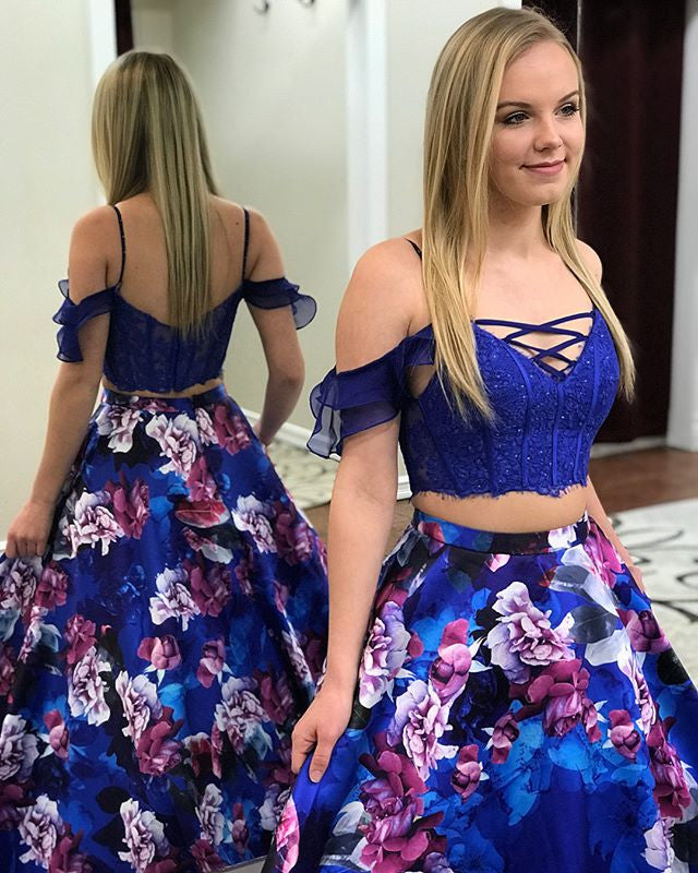 Royal Blue Two Piece Floral Prints Prom Dresses ,PD00113
