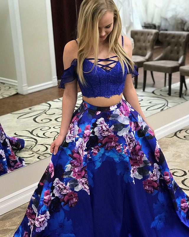 Royal Blue Two Piece Floral Prints Prom Dresses ,PD00113
