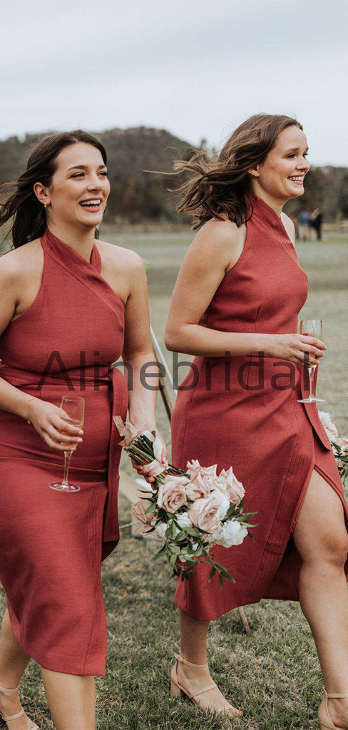 Rust Red Satin Unique Halter Tea Length Bridesmaid Dresses , AB4104