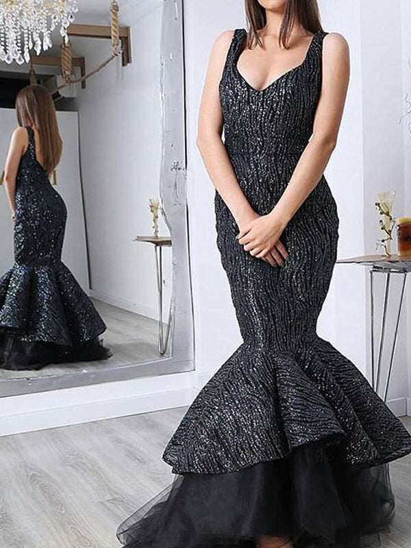 Shiny Black Satin With Sequin Mermaid Sleeveless Prom Dresses.PD00223