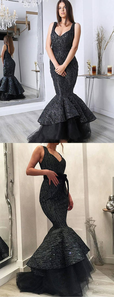 Shiny Black Satin With Sequin Mermaid Sleeveless Prom Dresses.PD00223