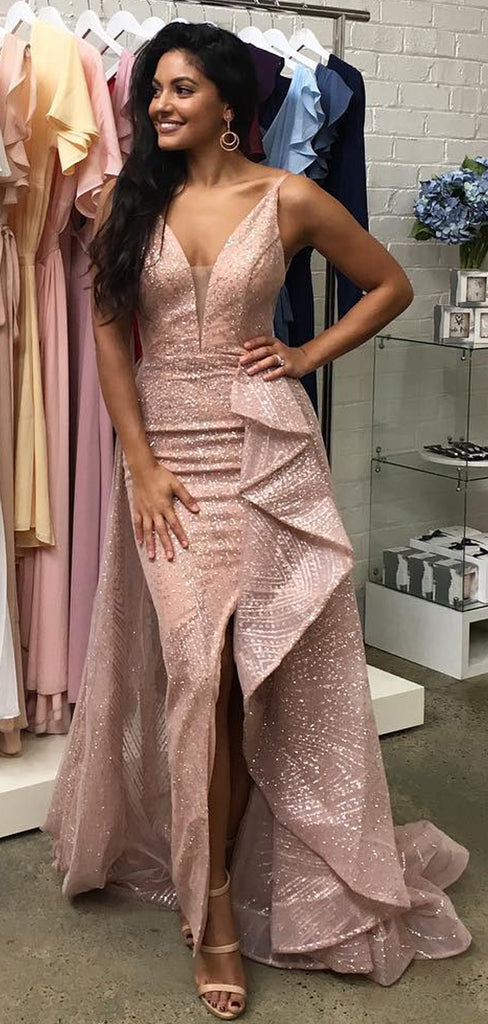 Shiny Pink V-neck Organza Mermaid Side-slit with Pleaats Prom Dresses ,PD00163