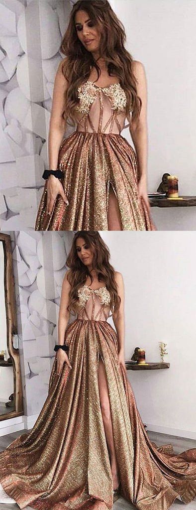 Shiny Sequin Satin Illusion Applique Sweetheart Strapless Prom Dresses,PD00176