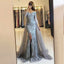 Silver Lace Grey Tulle Off Shoulder Half Sleeve Mermaid Split Long  Prom Dresses,PD00004