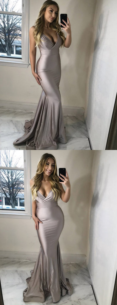 Silver Spaghetti Strap Mermaid V-neck Sexy Charming Prom Dresses.PD00246
