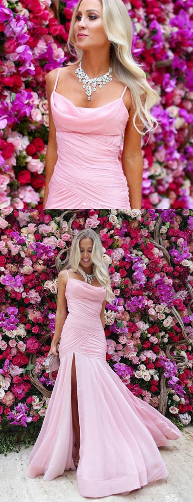 Simple Pink Chiffon Side Slit Mermaid Charming Prom Party Dresses ,PD00126