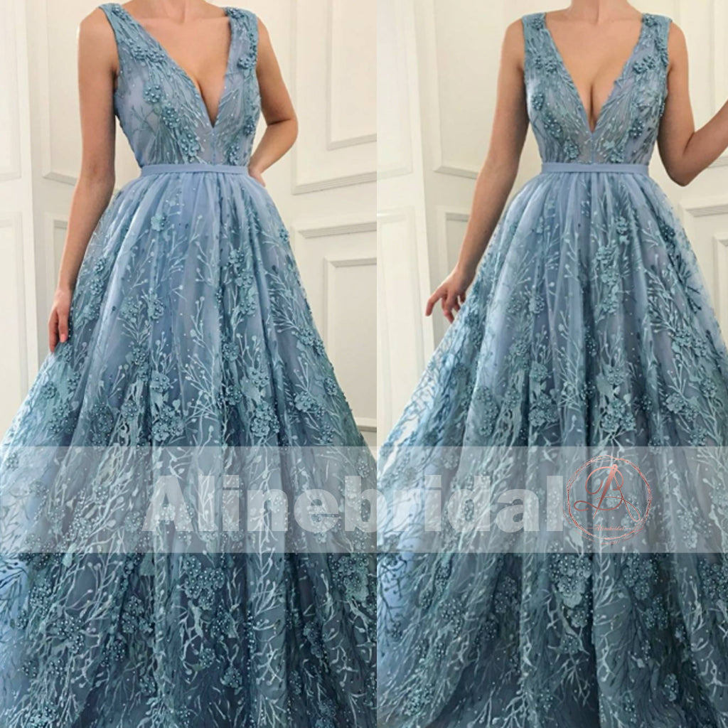 Sky Blue Lace With Beads V-neck Sleeveless Gorgeous Prom Dresses,PD00099