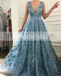 Sky Blue Lace With Beads V-neck Sleeveless Gorgeous Prom Dresses,PD00099