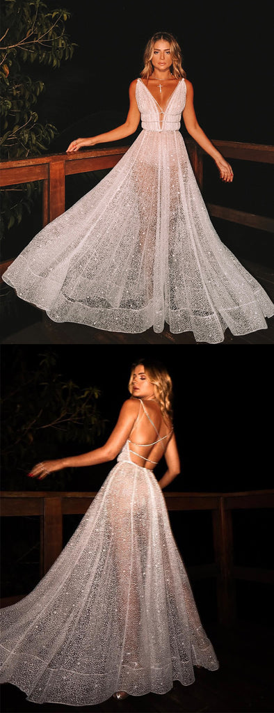 Sparkly White Sequin V-neck Backless Fashion Prom Dresses,PD00327