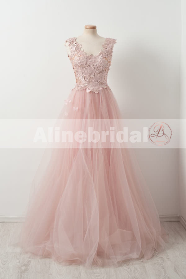 Sweet Pink Lace Top Tulle Scoop Neck Sleeveless Elegant Prom Dresses ,PD00104