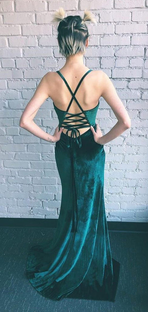 Teal Green Velvet Lace Up Back Side Slit Prom Dresses ,PD00307