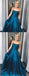 Teal Satin Lace Spaghetti Strap Open Back A-line Prom Dresses,PD00360