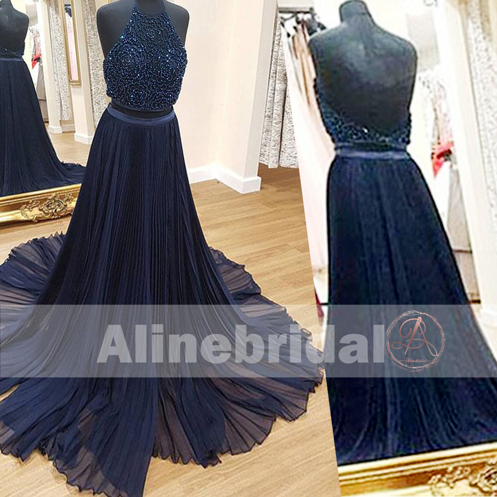 Two Piece Halter Beaded Top Backless Navy Blue Chiffon Prom Dresses ,PD000102