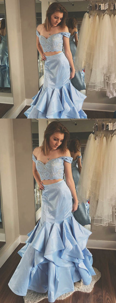 Two Piece Off Shoulder Pale Blue Prom Dresses  ,PD00122