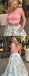 Two Piece Peach Floral Prints Pocket Prom Dresses ,PD00125