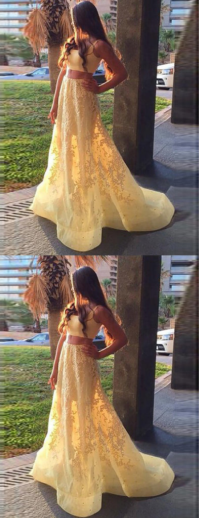 Two Piece Yellow Lace Applique A-line Sweet-16 Prom Dresses,PD00310
