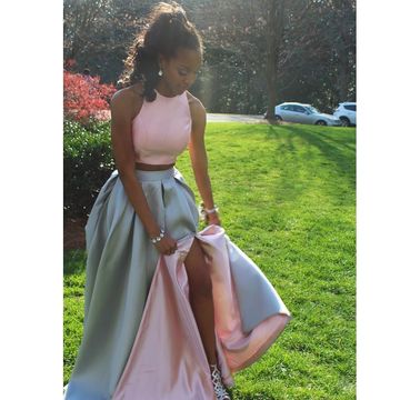 Two Pieces Two Tone Blush Pink Silver  Split  Pockets Long Simple Prom Dresses,PD00045