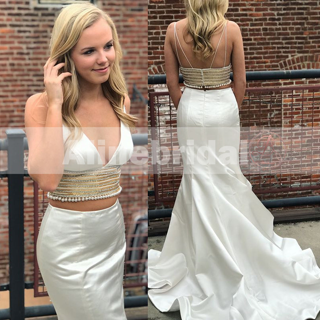 Two Piece Spaghetti Strap Mermaid Beading Prom Dresses, PD00088