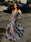Sparkly Grey V-Neck Long Sleeves Prom Dress , Mermiad Evening Dress with Train, PD1052