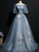 Vintage Princess Off Shoulder Half Sleeve Dusty Blue Appliques Ball Gown Prom Dresses,PD00076