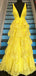 Yellow Lace Tiered Vintage V-neck A-line Prom Dresses ,PD00377