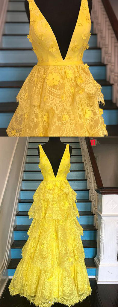Yellow Lace Tiered Vintage V-neck A-line Prom Dresses ,PD00377