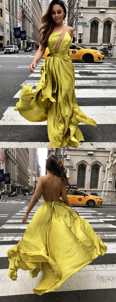 Yellow One Shoulder Backelss Spaghetti Strap Sexy Prom Dresses ,PD00197