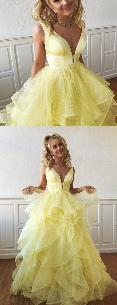 Yellow Organza Ruffles Ball Gown For Teens Prom Dresses.PD00251