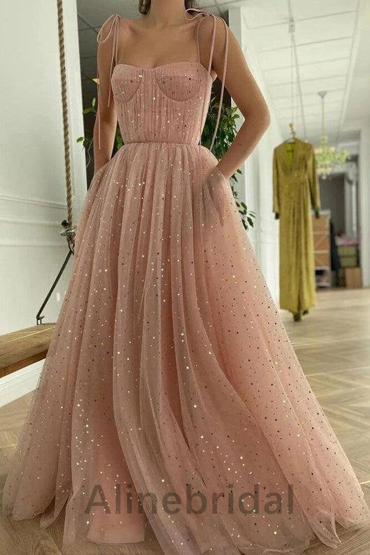 Elegant Pink Square Sleeveless A-line Tulle Prom Dress with Gold Sparkle, PD3593