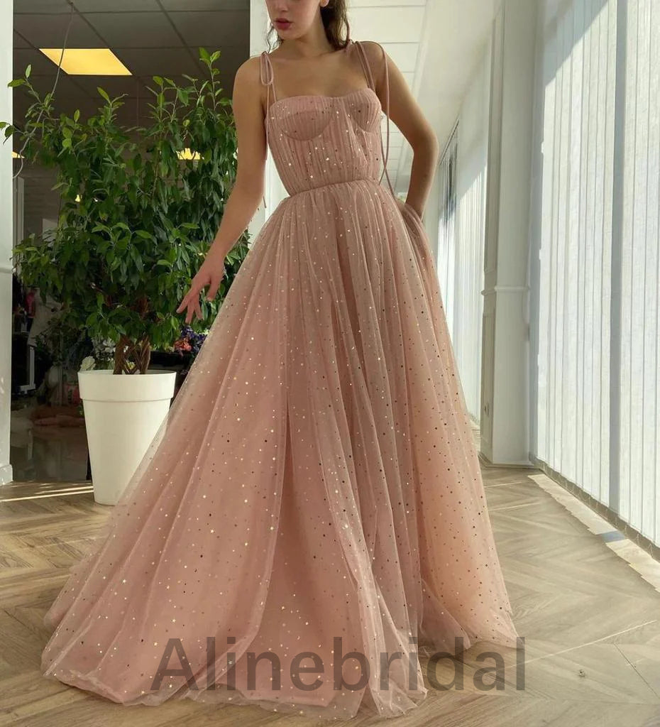 Elegant Pink Square Sleeveless A-line Tulle Prom Dress with Gold Sparkle, PD3593