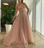 Elegant Pink Square Sleeveless A-line Tulle Prom Dress with Gold Sparkle, PD3593