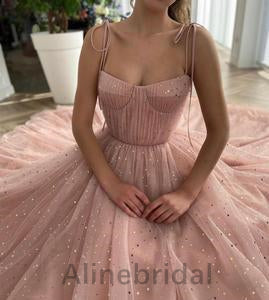 Elegant Pink Square Sleeveless A-line Tulle Prom Dress with Gold Sparkle, PD3593