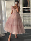Blush Pink Ruffle Straps A-line Tea-length Tulle Prom Dress, Princess Gown, PD3332