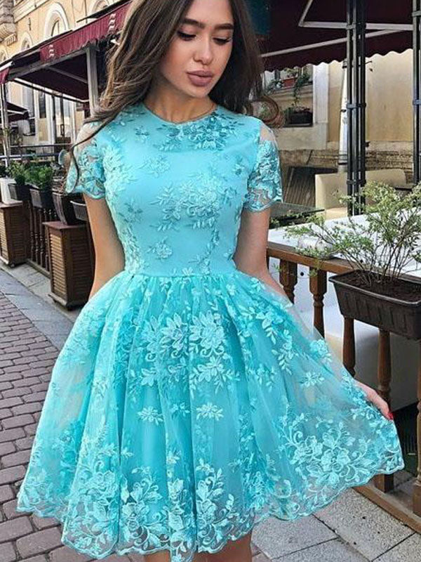 Cute Pink And Blue Full Neck Short Sleeves Floral A-line Short Homecoming Dress, HD3074