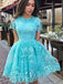 Cute Pink And Blue Full Neck Short Sleeves Floral A-line Short Homecoming Dress, HD3074