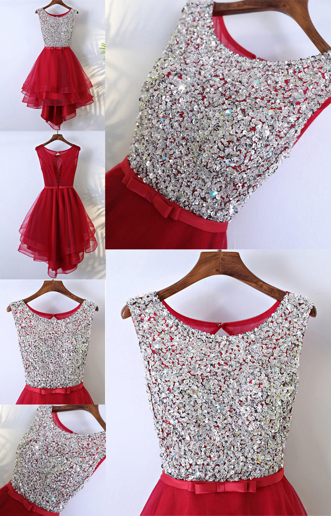Red HI-Lo Sleeveless Round Neckline Bow Key Hole Back Rhinestone Sequins Homecoming Dresses,BD00203