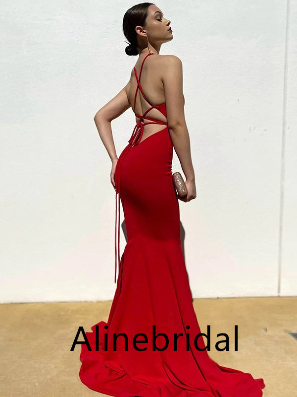 Sexy Red Halter V-neck Sleeveless Mermaid Long Prom Dress, PD3539