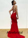 Sexy Red Halter V-neck Sleeveless Mermaid Long Prom Dress, PD3539