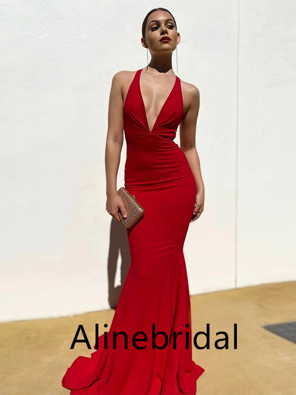 Sexy Red Halter V-neck Sleeveless Mermaid Long Prom Dress, PD3539