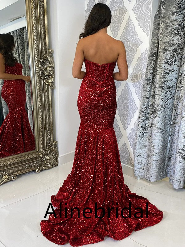 Stunning Red Sequins Strapless Mermaid Long Prom Dress, Evening Gown, PD3544