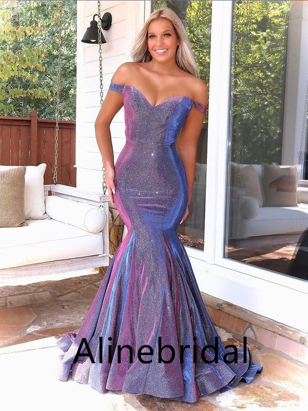 Sexy Off the Shoulder Purple Sleeveless Mermaid Long Prom Dress, PD3543