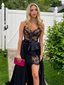 Sexy Black Lace V-neck Spaghetti Strap Long Prom Dress with Slit, PD3090