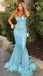 Sexy Bright Blue Spaghetti Straps Mermaid Feather Decorates Prom Dress, PD3320