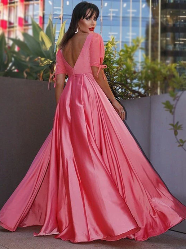 Vintage Hot Pink Half-sleeve Square Neck A-line Long Prom Dress, PD3148